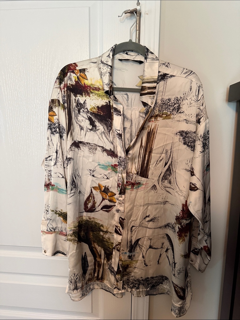 Zara White Button-Up Shirt with Multicolor Nature Print